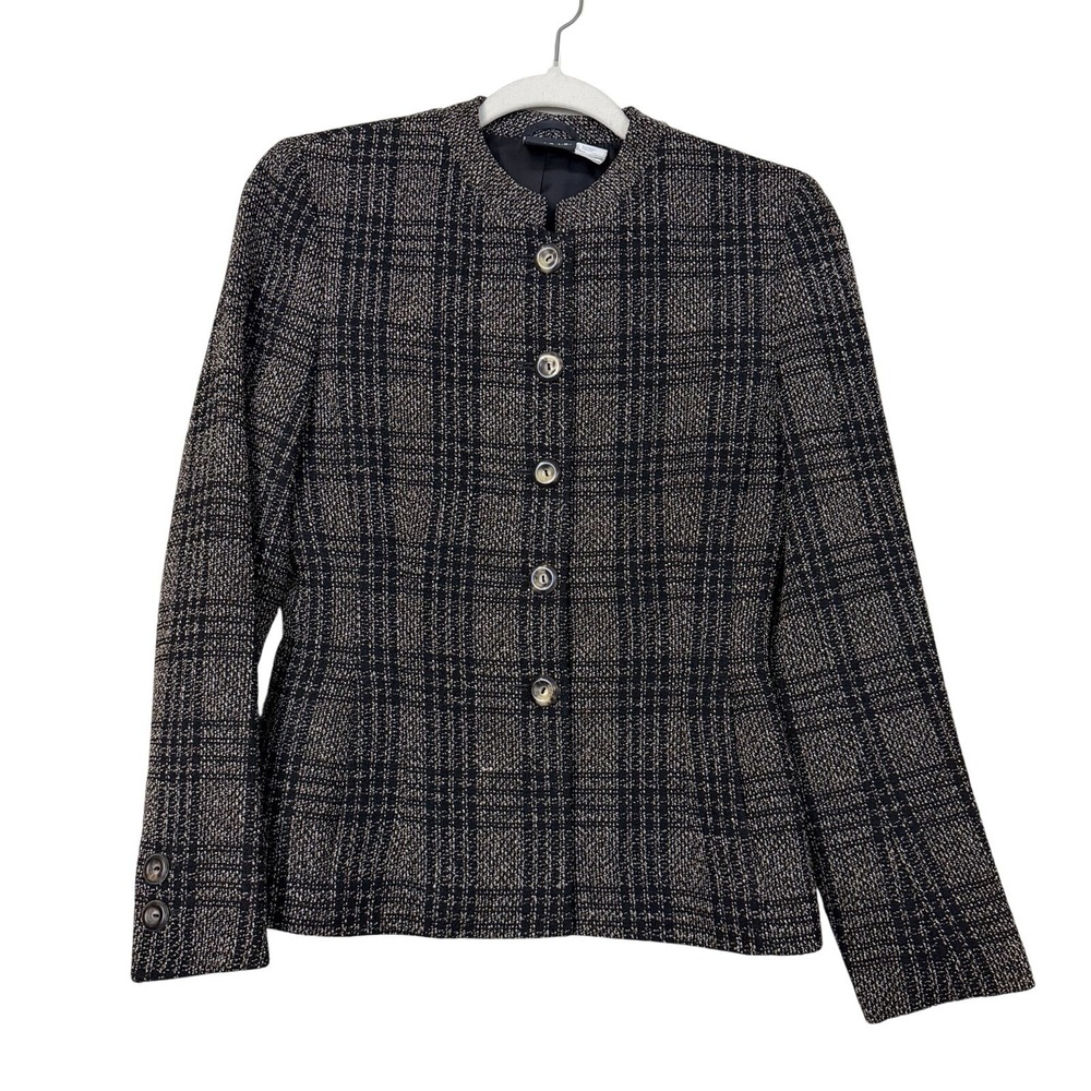 AKRIS Tweed Checkered Wool Blazer Jacket Sz 4 Button Front Pockets Old Money
